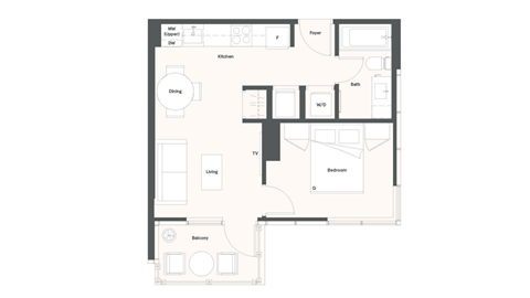 Floor plan for 1 bed, 1 bath, 458 sqft